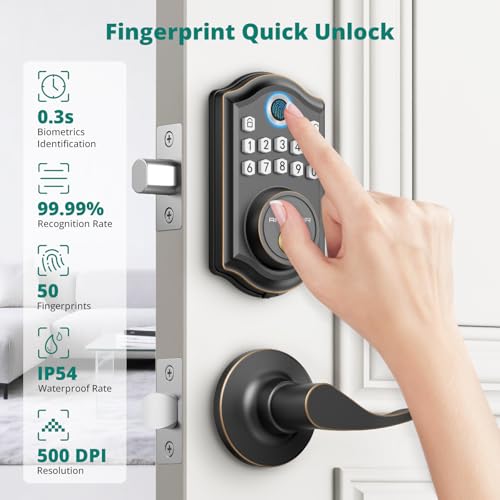 Image of AkaGear DS10 Pro Keyless Entry Door Lock with Lever Handle Set, Bluetooth APP Control, Fingerprint Door Locks, Electronic Keypad Deadbolt Lock, Smart Doors Lock, Auto-Lock, Oil Rubbed Bronze