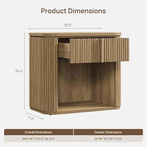 Image of SICOTAS 30 inch Wide Night Stand Set of 2, Oversized Extra Large Nightstands Side Tables with Solid Wood Handle & Drawer, Modern Fluted Bedside Table End Table with Storage for Bedroom, Sofa Couch, Office