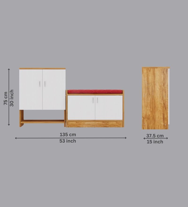 Image of SPECIALITY PANELS Shoe Rack with Cushioned Seating Bench | 2 Door Shoe Cabinet with Storage | Shoe Organizer for Entryway Home Living Room | Combo Set of 2 | DIY Assembly | Oak and White