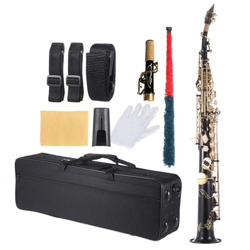 HUIOP Saxofón soprano recto de latón Saxofón Bb B Instrumento de viento de madera plano Patrón tallado de llave de concha natural con estuche de transporte Guantes Paño de limpieza Correas Varilla de