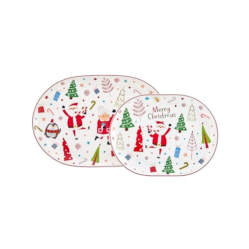 Bico Christmas Merry Crew Ceramic 16 inch plus 12 inch Ceramic Oval Platter, Set of 2, for Serving Turkey, Steak, Salad, Microwave & Dishwasher Safe