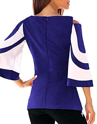 Image of Women Blouses and Tops Black White Colorblock Bell Sleeve Cold Shoulder Top Shirt