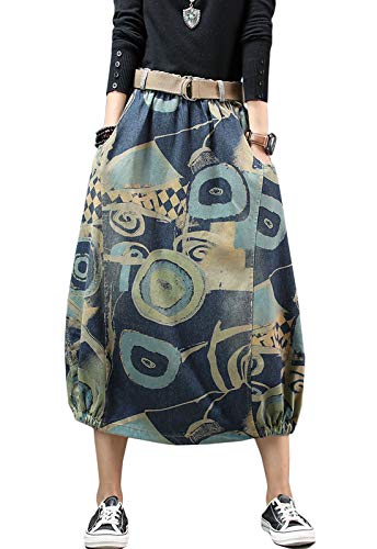 Flygo Womens Vintage Elastic Waist Denim Print A-Line Long Midi Skirt with Pockets(Large, Blue)