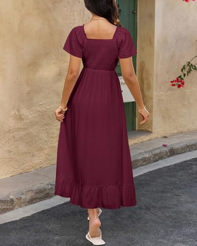 Image of BTFBM Womens Summer Dresses 2026 Casual Short Sleeve V Neck Drawstring Wedding Guest Maxi Dresses Boho Beach Long Dress