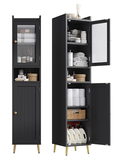 Homkdom 69'' Tall Bathroom Storage Cabinet with 2 Adjustable Shelves, Black 6 Tier Narrow Bathroom Cabinet with 2 Doors, Slim Linen Cabinets for Brathroom,Home Office