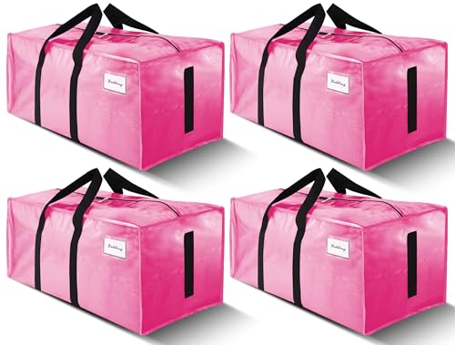 Image of 4 Pack Large Strong Moving Bags with Zippers & Carrying Handles - Water-Resistant - Heavy Duty Storage Tote for Space Saving, Fold Flat, Alternative to Moving Box (Pink)