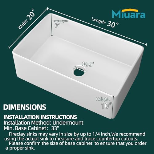 Miuara Farmhouse Sink 30 Inch - Widen Large Farm Sink 30"X20", White Farmhouse Sink Single Bowl,9 Inch Deep Fireclay Apron Sink, Farmer Barn Sink,Undermount Kitchen Sink Reversible,For Kitchen thumb #6