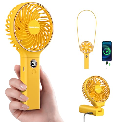 Image of SWEETFULL Handheld Portable Fan, 5000mAh Rechargeable Battery, 6 Speed Wind, LED Digital Display, Foldable Electric Personal Mini Travel Fan with Backup Power, Summer Essentials Gifts for Women Girl