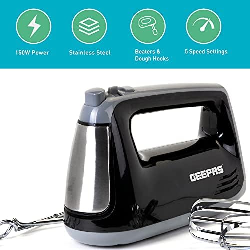 Geepas 400W Hand Mixer | Electric Whisk, Handheld Food Collection Cake Mixer for Baking | 5 Speed Turbo & Eject Button, Extra Long Stainless-Steel Beaters & Dough Hooks for Whipping Cream, Black