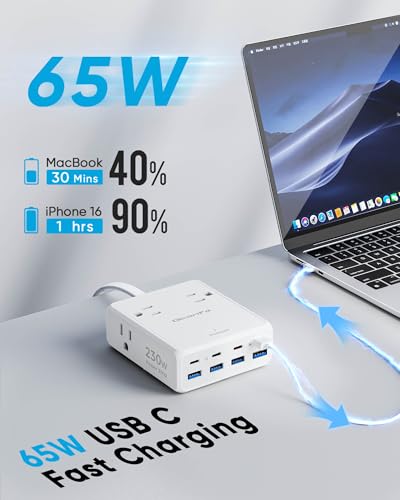 230W USB Power Strip, Ultra Thin Flat Plug Extension Cord 5FT, 4 AC Outlets 8 USB Ports(4 USB-C&4 USB A), 2000J Surge Protector, Home Office Dorm... - Image 2