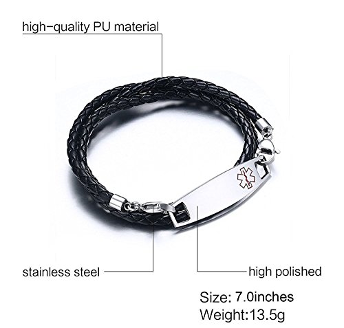 BBX JEWELRY Free Engraving Unisex Stainless Steel Tag with Black Braided Leather Triple Wrap Medical Alert Bracelets - Thumbnail 3