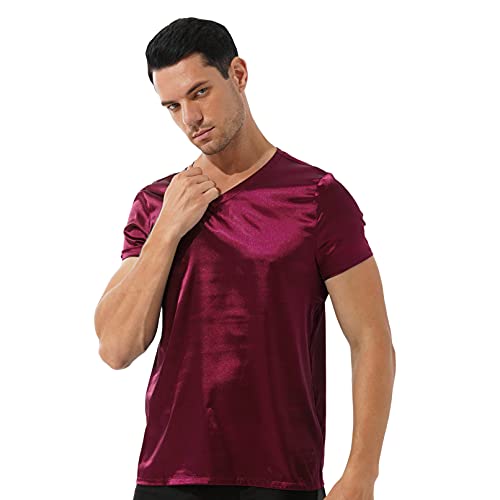 Jugaoge Men Satin Silk Shirt Short Sleeve T-Shirt Loose Tee Blouse Pajamas Tops Nightwear3