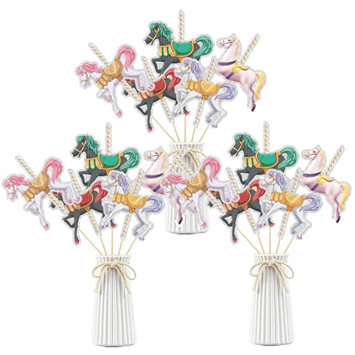 Image of Set of 15,Carousel Horses Table Centerpieces Sticks,Carousel Horse Table Toppers,Horse Party Decoration for Horse Themed Birthday Party Baby Shower Supplies.