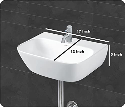 Image of Wash Basin Wall Hung cum Counter Top Mounted Glossy Finish White Sink for Bathroom 17 x 12 x 5 Inch