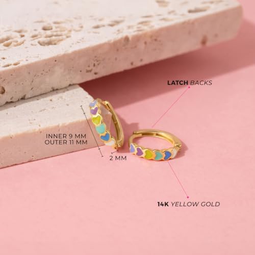 14k Yellow Gold Multicolored Enamel Heart Cascade Hoop Earrings For Young Girls & Preteens 10mm - Colorful Heart Earrings For Children4
