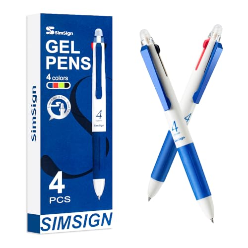 SimSign Erasable Gel Pens Multicolour 0.5mm for Writing 4 Colour Pen (Blue Black Red Green) All in One Rub Out Pens Pack of 4