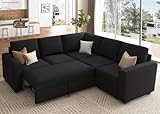 HONBAY Sectional Sleeper Sofa with Pull Out Bed, Velvet L Shaped Couch with Storage Seat, Modular Sectional Couches for Living Room, Black