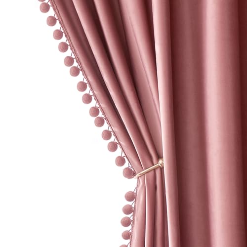 MIULEE Blush Pink Pom Pom Velvet Curtains for Kids Bedroom/Living Room Darkening Thermal Insulating 84 Inches Long Boho Blackout Curtains with Rod Pocket for Girls Room/Nursery/Home Theater Set of 2