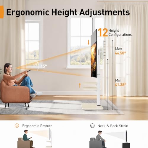 Image of Perlegear Floor TV Stand with Power Outlet, Universal TV Stand for 32-75 inch TVs up to 110 lbs, Tall TV Mount for Bedroom with Shelf, Wood Base, Height Adjustable, Max VESA 600x400mm, White, PGFS06W