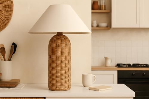 Image of AKWAY Bamboo Bedside Table lamp for Bedroom | Rattan Study Table lamp | Cane for Home Decoration | Wicker (Bulb not Included) (Brown) - Quana