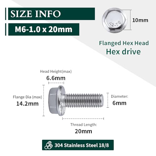 Image of M6-1.0 x 20mm Hex Flange Bolt (0.78 inch Thread Length), DIN6921, Serrated Locking Flange, 304 Stainless Steel, UNC Full Thread, 25-Pack