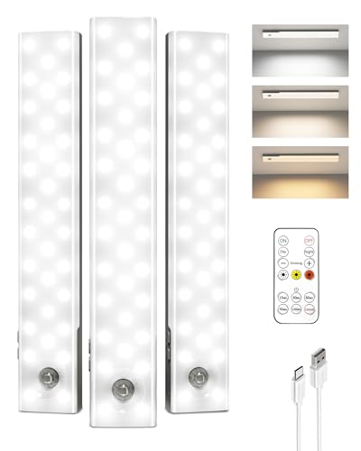 EZVALO 3-Pack Under Cabinet Lighting, 2000mAh Rechargeable Wireless Motion Sensor Lights, 62LEDs, 3 Color Temps, Dimmable, Timer, Magnetic, with Remote Control for Kitchen, Closet, Stair