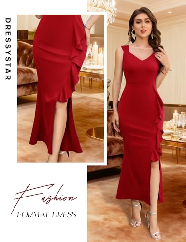 Image of Dressystar 2026 Women's V Neck Bodycon Mermaid Formal Evening Maxi Dress | Summer Wedding Guest,Cocktail Dresses for Women,Long Gown,Mermaid Split Ruffle Design ,Sleeveless,comfort and medium stretch