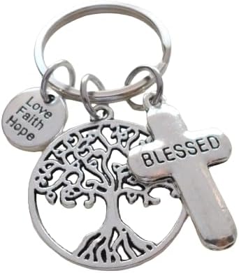 Tree and Blessed Cross Charm Keychain with a Love Faith Hope Disc Charm, Religious Teacher, Neighbor or Volunteer Keychain