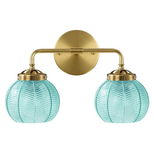 Image of Globe Wall Sconce Vintage Vanity Light 2 Light Blue Glass Shade | Mid Century Modern Bathroom Lights Over Mirror, Brushed Gold E26 Base, Wall Light fixture, Wall Lamp, Hallway Bedside Doorway