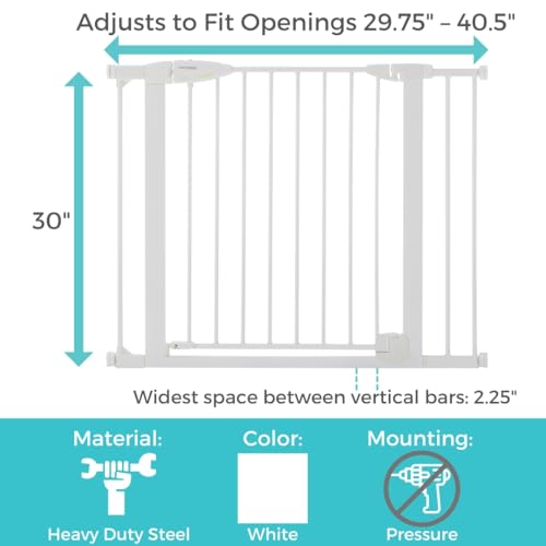 Toddleroo by North States - Bright Choice Auto Close Baby Gate: Pressure Mounted Baby Gate for Doorways with Glow in the Dark Handle - Adjustable 29.75 to 40.5 Inches Wide - 30 Inches Tall - White