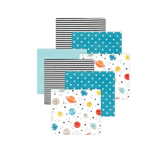 Image of Little Treasure Hudson Baby Cotton Poly Flannel Receiving Blankets Multipack, Blue Happy Planets, 30x30 inches