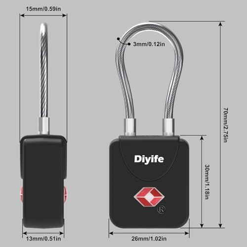 Diyife Luggage Locks TSA Approved, Flexible Steel Cable, Easy to Set Up | 3-Digit Combination Suitcase Locks, Small TSA Locks for Luggage, Travel, Bag, Backpacks, Zinc Alloy Body, (Black, 2 Pack) - View 6