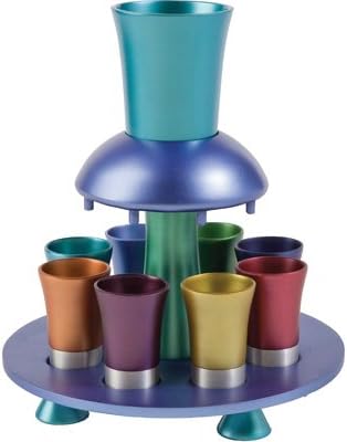 Kiddush Fountain & Wine Cup Set - Yair Emanuel ANODIZE ALUMINUM KIDDUSH FOUNTAIN + GOBLET + 8 CUPS COLORFUL (Bundle)