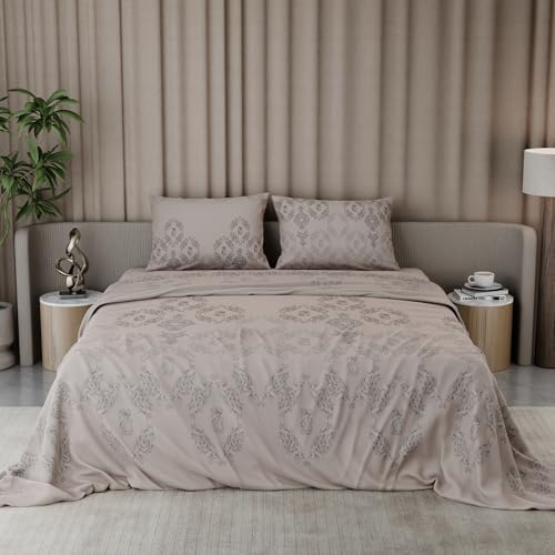 Image of BLISSHOME Everlast 150TC King Size Printed Bedsheet with 2 Pillow Covers for Double Bed, Aesthetic Bedding, Wrinkle Resistant, 100+ Wash Durable, Quick Dry, Ornate Design - Champagne (228cm x 274cm)