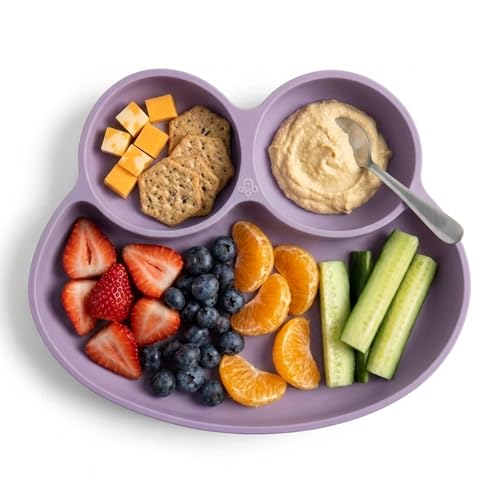 Image of Abiie Octopod Frog Silicone Suction Plate - 3 Compartment - Pink Lavender | Training Grip Dish for Baby & Toddler, High Chair Accessories, Mess-Free Feeding Essentials, Divided Plate, Baby-Led Weaning