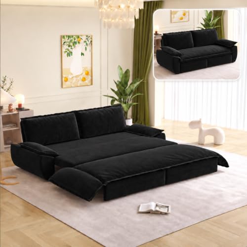 Queen Sleeper Sofa, 3-in-1 Convertible Sofa Bed with Pull Out Couch, Chaise Lounge, 2 Pillows, Reinforced Metal Frame, Wide Loveseat for Apartment, Living Room and Guest Room, Black Velvet, 73.2 Inch