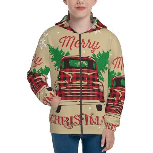 Christmas Vintage Red Truck Kids Pullover Hoodies Boys Zip Up Sweatshirts Girls Athletic Clothes with Pocket3