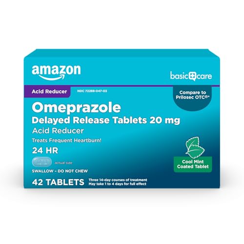 Amazon Basic Care Omeprazole Delayed Release Tablets 20 mg, Cool Mint, Acid Reducer, Treats Frequent Heartburn, 42 Count
