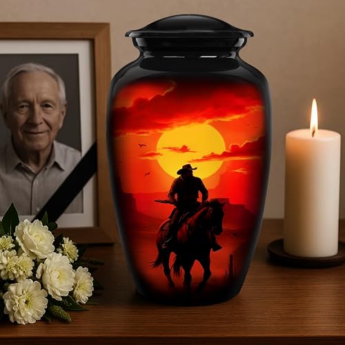 Image of Cremation Urns for Human Ashes Adult Male Female - Large Funeral Men Urn for Ashes, Western Decorative Burial Memorial Urn with Black Velvet Bag, Cowboy, 200 Cu in