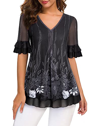 Valolia Blouse Office For Women, Wear To Work Blouses For Women Casual Relaxed Simple Shirts For Spring Summer Soft And Comfy Dressy Blouse Pleated Knit Tunics Top Multicolor Black Medium #TOP5