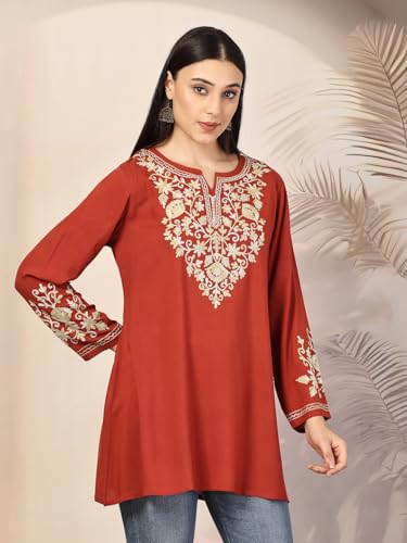 Image of QAZMI Women's Jasmine Kashimiri Aari Embroidered Viscose Rayon A-Line Flared Short Kurti