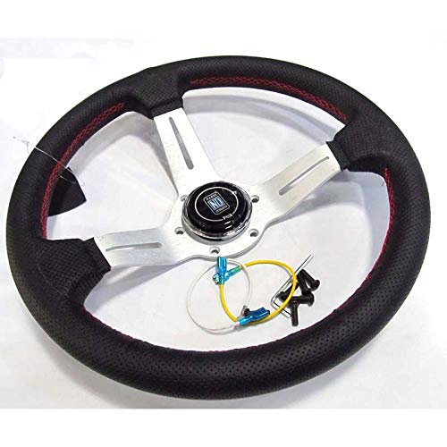 Kierownica sportowa, kierownica samochodowa, wyścigi, sportowy design, 330 mm, kolor srebrny, szprychy, głębokie danie, prawdziwa skóra, tuning, drift, kierownica wyścigowa