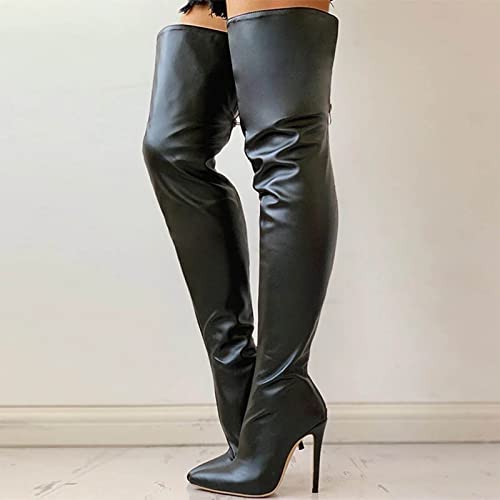 Badhub Women Boots Faux Leather Chunky Heel Stretch Over The Knee Thigh High Boots Sexy Pointed Toe Zipper Stiletto High Heels #TOP3