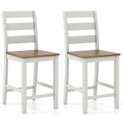 COSTWAY Set of 2 Counter Height Chairs, 24'' Wooden Bar Stools with Back Support, Footrest, Acacia Wood Legs, Mid Century Modern Island Chairs for Kitchen Dining Room, Grayish White