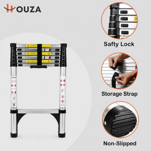 Image of HOUZA 2.7m (8 ft) Steel Telescopic Ladder | 7-Step Foldable Extension Ladder | Portable & Collapsible Ladder for Home, Industrial & Outdoor Use | EN131 Certified | 1 Year Warranty(Silver & Black)