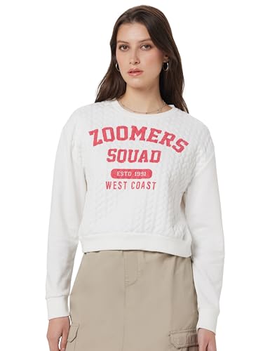 Image of Max Women Polyester Graphic Printed Full Sleeves Cropped Crew Neck Sweatshirt