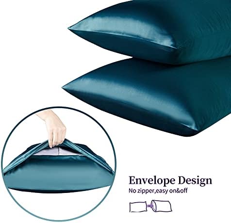 LorXun 2 Pack Satin Pillow Cases for Hair and Skin Standard/Queen/King Size Pillowcase Set with Envelope Closure (Teal, 51x66)