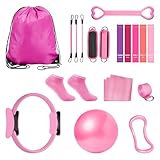 Home Pilates Essentials Kit for Women: 18Pcs Pilates Workout Equipment Set with Pilates Ring, Yoga Ball, Resistance Band, Pilates Fitness Set for Legs Arms, Gym Back Bag, Anti Slip Socks(Pink)