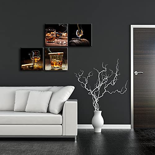 Pyradecor Cigar Wine Whisky Canvas Prints Wall Art Liquor Still Life Pictures Paintings For Kitchen Bar Pub Home Decorations 4 Piece Modern Stretched Ready To Hang Artwork #TOP1