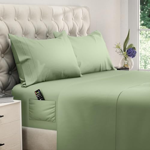 Image of DREAMCARE California King Sheet Sets - 4 pcs Breathable Cooling Sheets - up to 21 inch Extra Deep Cal King Sheets with Side Pockets - Extra Soft 100% Brushed Hypoallergenic Hotel Luxury Bedding Sage Green
